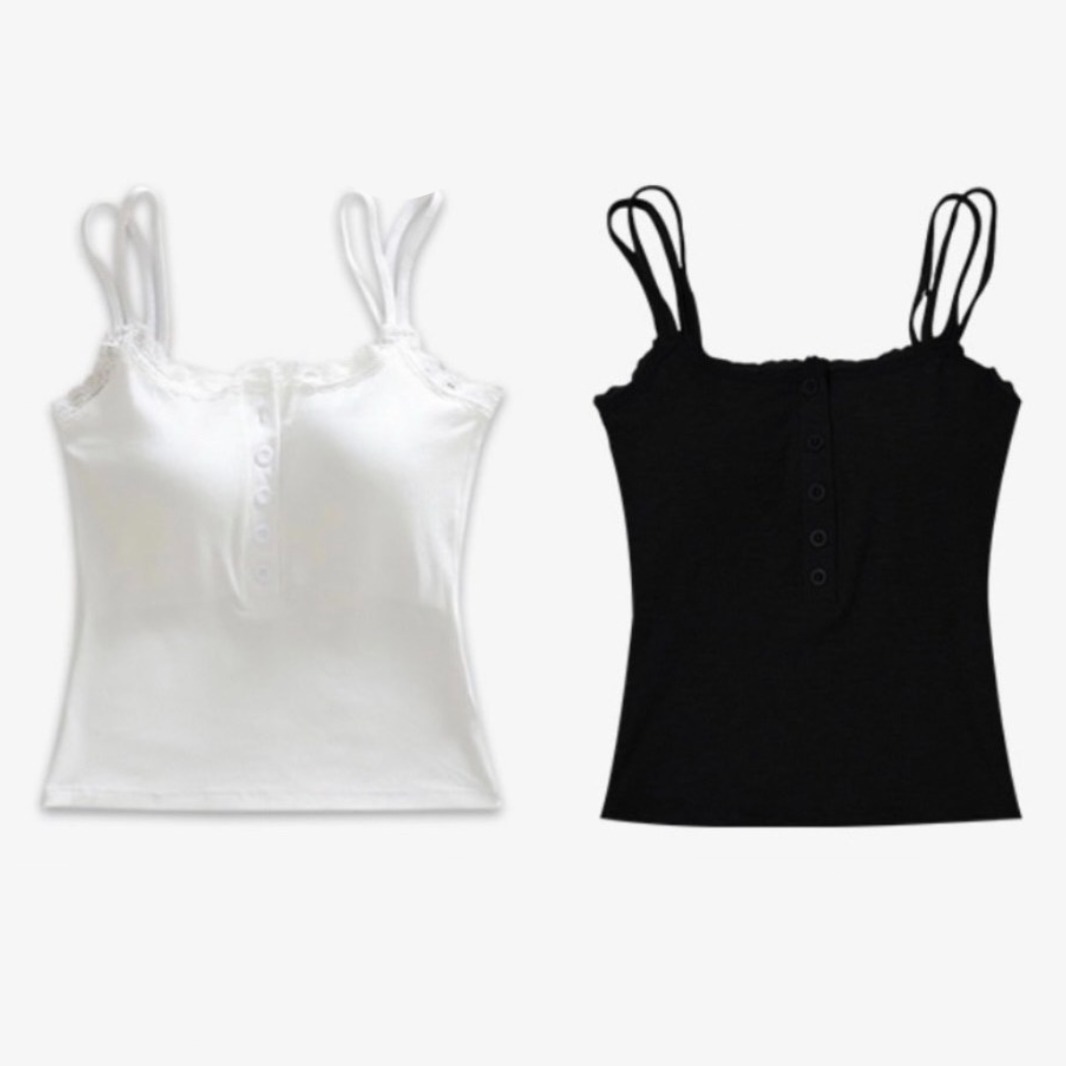 {마롱이} 로맨틱 레이스끈나시, 여성캡나시, 단추포인트,고급레이스나시,대학생룩,새내기룩,소개팅룩-2p세트 49,000원