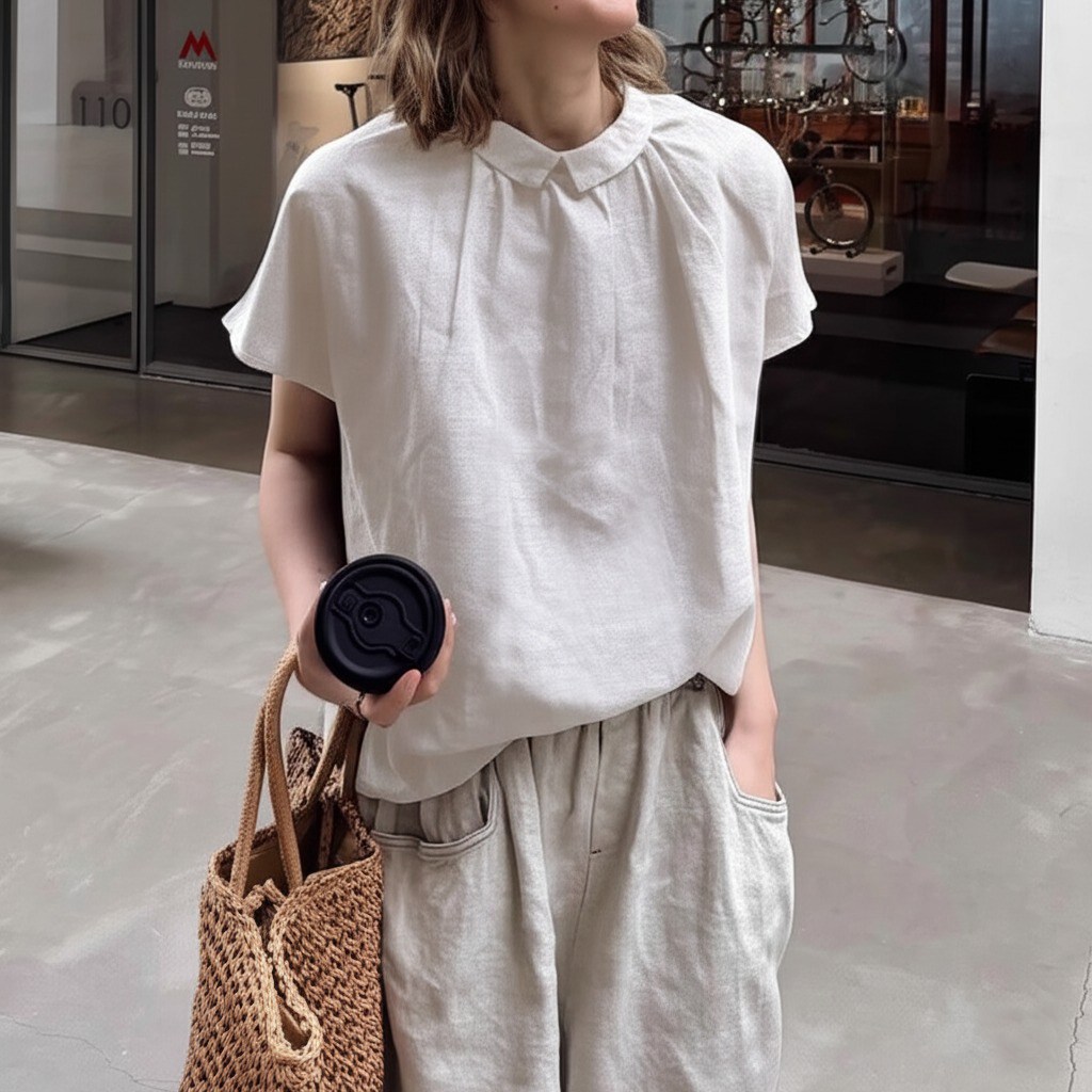 퀸앤조이 린넨의 계절 여성 반팔 블라우스 셔링 카라 루즈핏 블라우스 비렉스 59,800원
