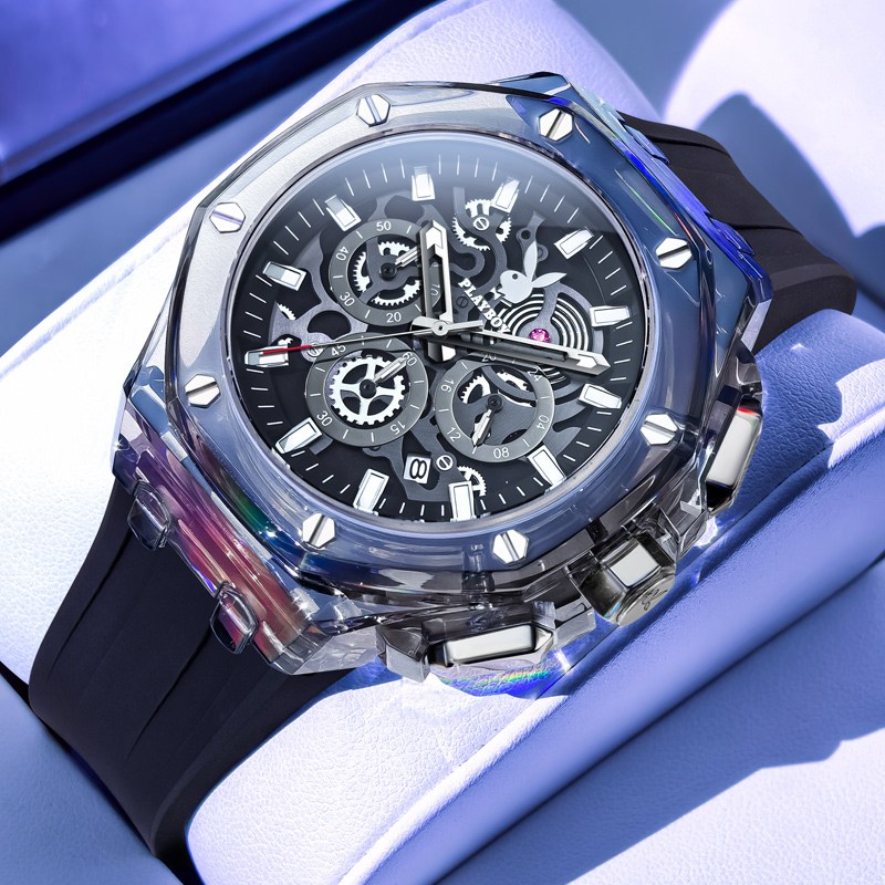 PLAYBOY 플레이보이 명품 남성 스포츠 크로노그래프 손목시계 투명 케이스 방수 쿼츠 시계 75,300원