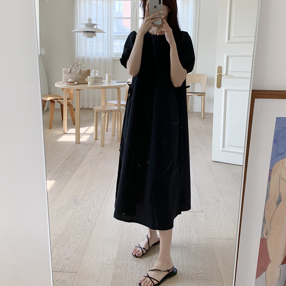 큐니티 여성용 썸머 바스락 퍼프 소매 허리 스트링 플레어 롱 원피스 (4color) 27,900원
