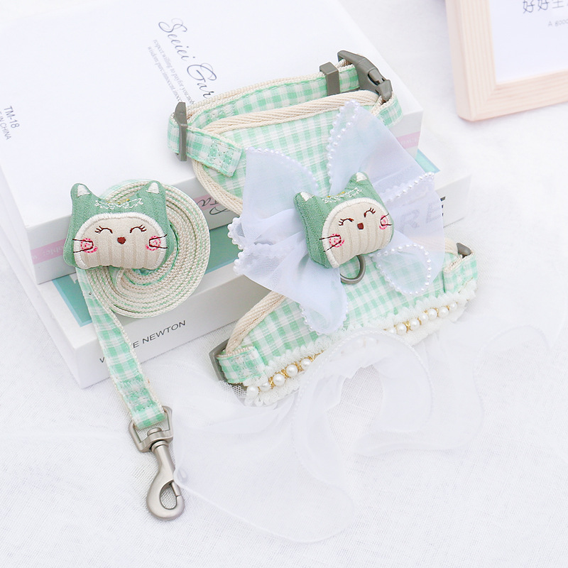 랜보어 반려동물 진주 레이스 체크 패턴 하네스 세트 12,800원