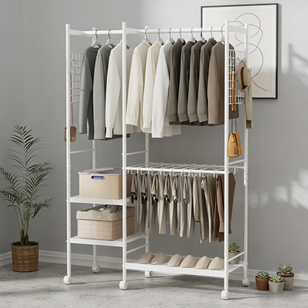 JSUSUJ 올인원 이동식행거 2단 상하의 올인원 행거 확장형 바지걸이포함 드레스룸 선반 철제 시스템 행거, 흰색 80,500원
