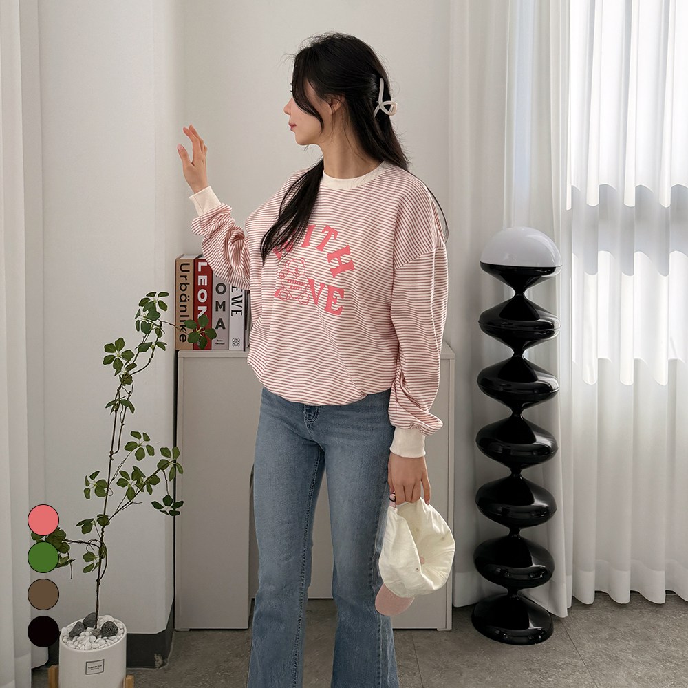 디테일웨어 여성 위드곰 단가라 맨투맨 귀여운 레터링 오버핏 긴소매 티셔츠 스트라이프 여자맨투맨 데일리 스웻셔츠 22,800원