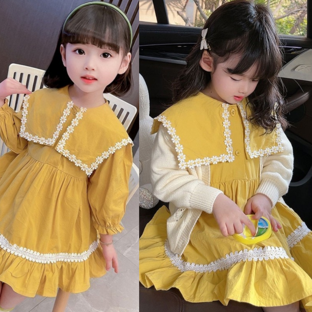 찌니미니마켓 봄 유아 아기 여아 자매룩 등원룩 데일리룩 옐로우 빅카라 원피스 32,900원