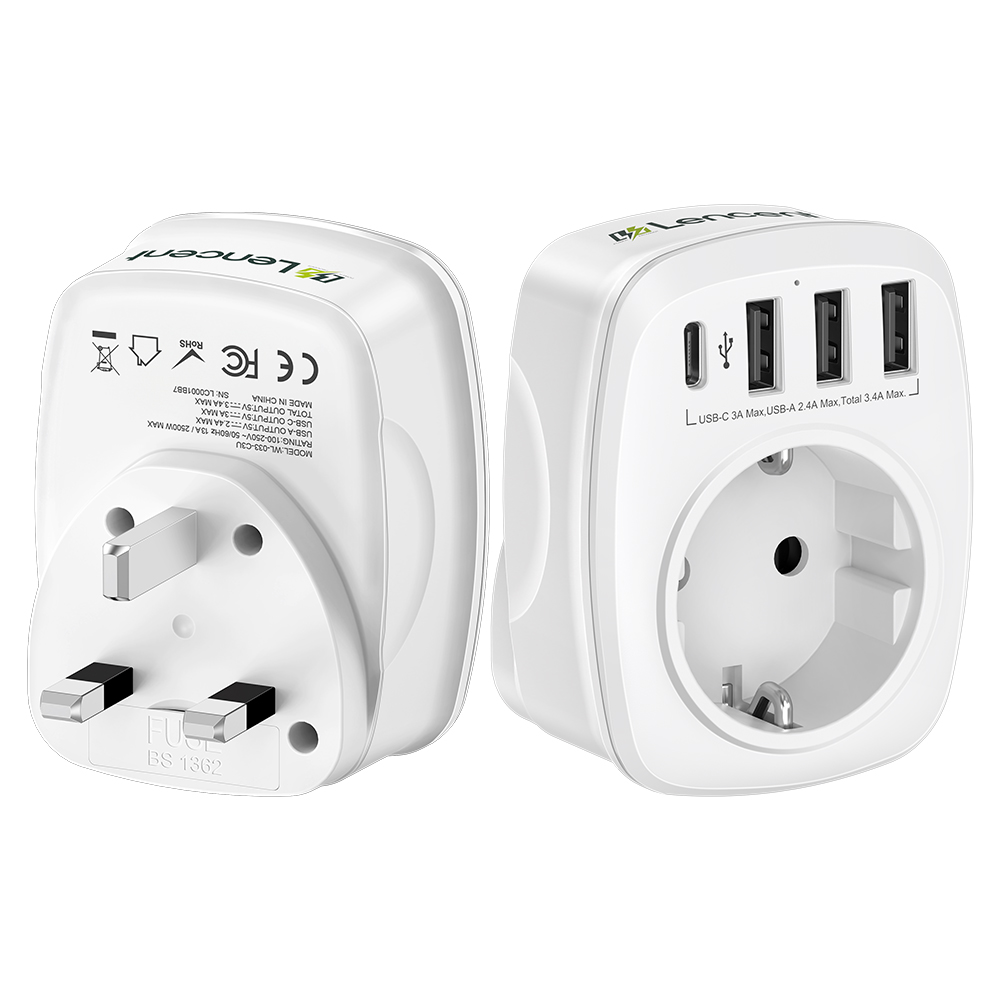 렌센트 고속충전  전세계 여행용 해외 영국 규격(Type G) 플러그 어댑터 4포트 (3 USB A + 1 USB C)  한국 영국 싱가포르 말레이시아 변환  화이트 22,900원