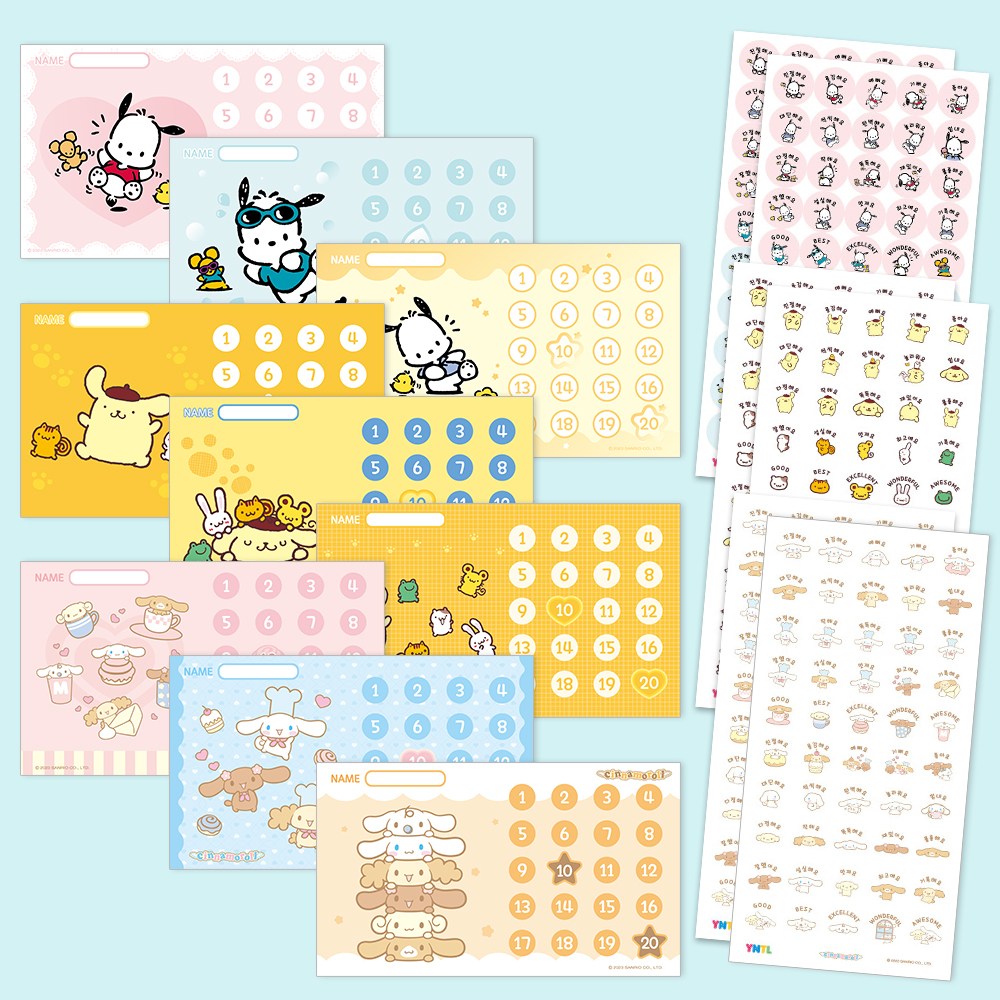 [1+1+1] [대용량] [스티커1,350개+판 27개] 산리오캐릭터즈 칭찬스티커 세트_미니사이즈 15,900원