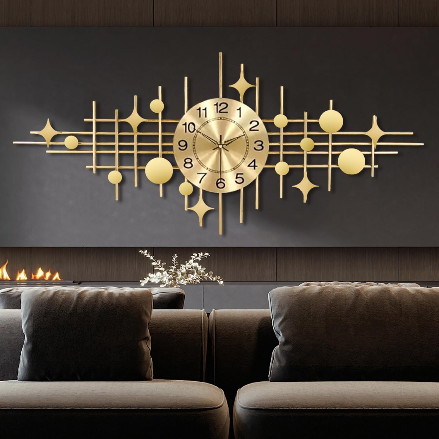 풀 골드 가로 아트 벽시계 메탈 프레임 별빛 원형 장식 무소음 금색 아라비아 숫자 모던 라이트 럭셔리 유럽풍 복고풍 거실 식당 파티룸 장식용 고급 아트 디자인 대형 벽면 포인트 인, Golden 85,000원