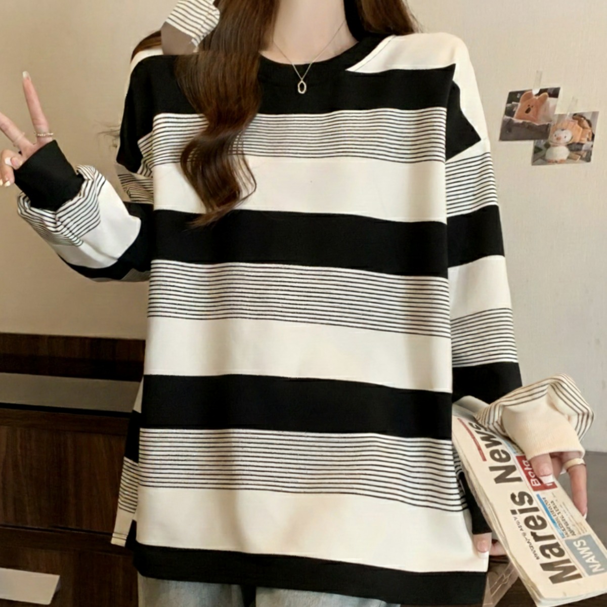 [1+1]프존 여성 루즈핏 롱티셔츠 가볍고 예쁜 스트라이프 긴팔티셔츠 2종 세트 34,800원