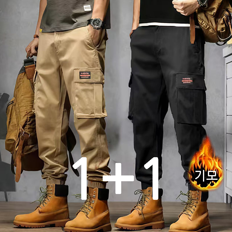 BIKASU  1+1 남성 겨울 캐주얼 기모 카고바지 빅사이즈 트레이닝 조거팬츠 오버핏 밴딩 카고팬츠 22,300원