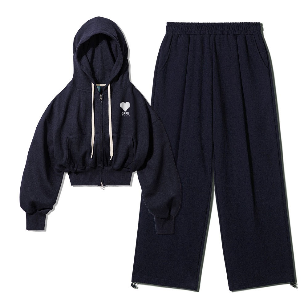 오버핏 특양면 기모 GRFN 크롭 후드 집업 + 원턱 스트링 트레이닝 팬츠 셋업- 네이비 82,400원