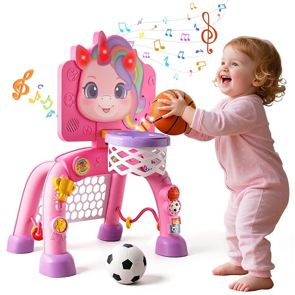 JMMICO 유아 농구 골대 및 축구 골대 활동 센터, 가벼운 음악이 있는 인터랙티브 장난감, 유니콘 유아 음악 장난감 선물, 만 1 2 3세 남아 여아용 아기 크리스마스 생일 95,600원