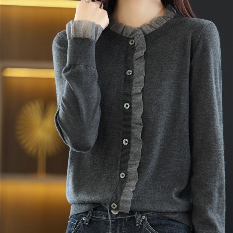 PEROLA 여성 봄가을 얇은 레이스 패치 니트 숏 빅사이즈 루즈핏 캐주얼 긴팔 니트 카디건 스웨터 상의 29,900원