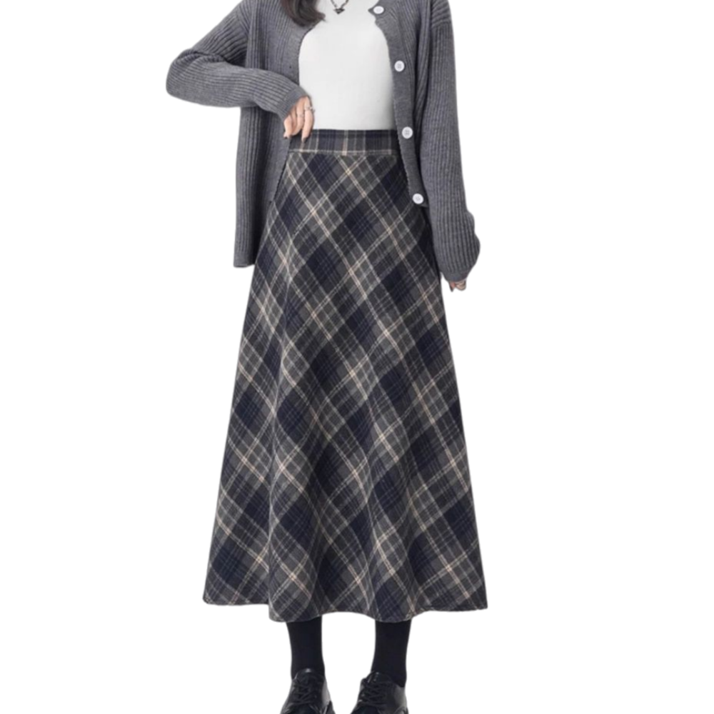 Makone 여성 빈티지 모직 체크 롱 스커트 캐주얼 34,500원