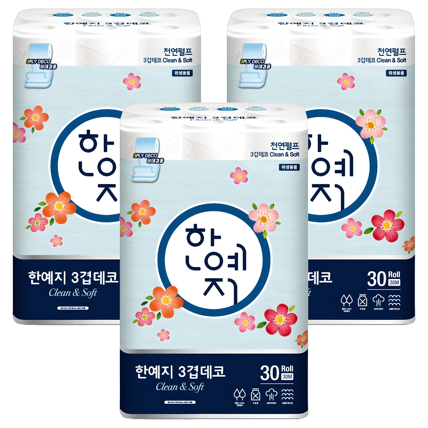 한예지 클린&소프트 천연펄프 3겹 고급롤화장지, 30m, 30롤, 3개 46,800원