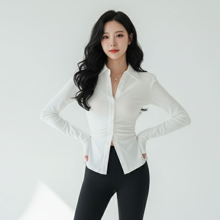 마켓피아 여성용 셔링 카라넥 슬림핏 블라우스 셔츠 16,700원