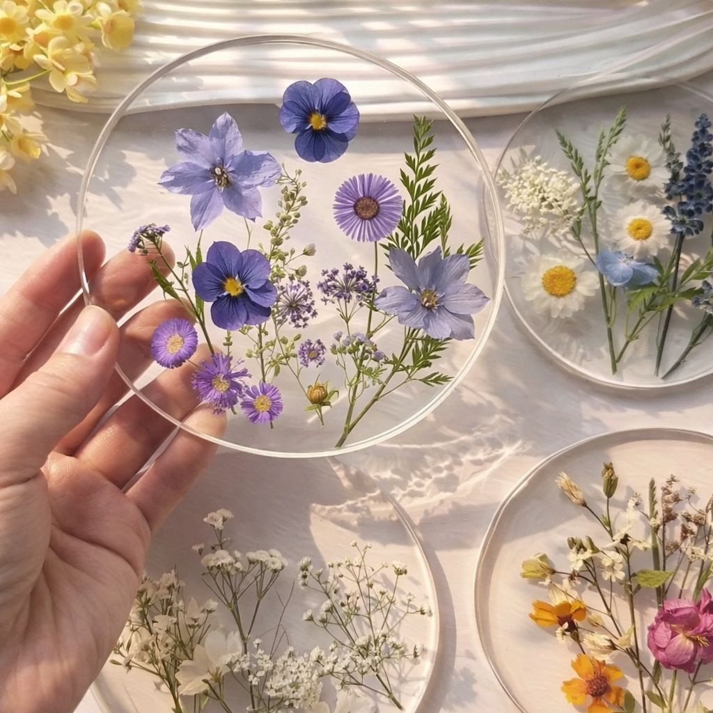 컵받침 투명 아크릴 티타임 포토 카페 테이블 꾸미기 플라워, 원형 보라꽃 2입 6,900원