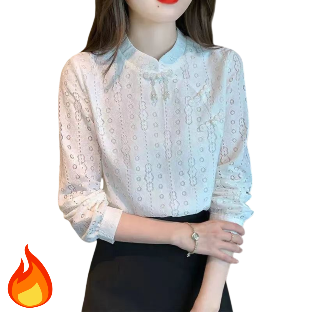 Makone 여성 겨울 스탠드칼라 이너 기모 티셔츠 원버튼 심플 레이스 블라우스 28,900원