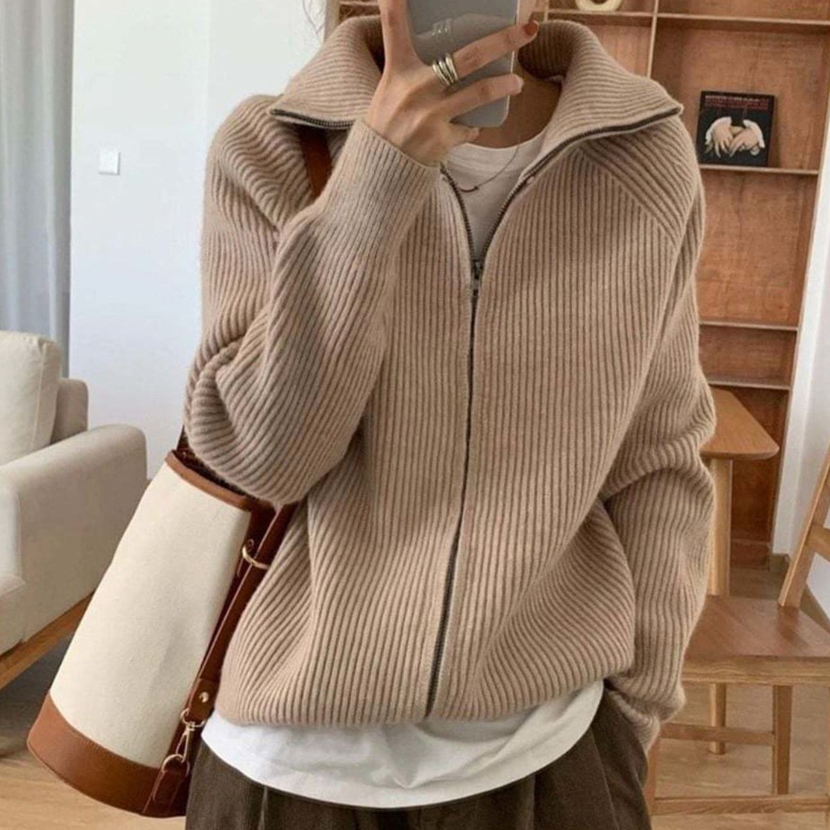 하이넥 카라 골지 니트 집업 MFNC-030049 40,910원