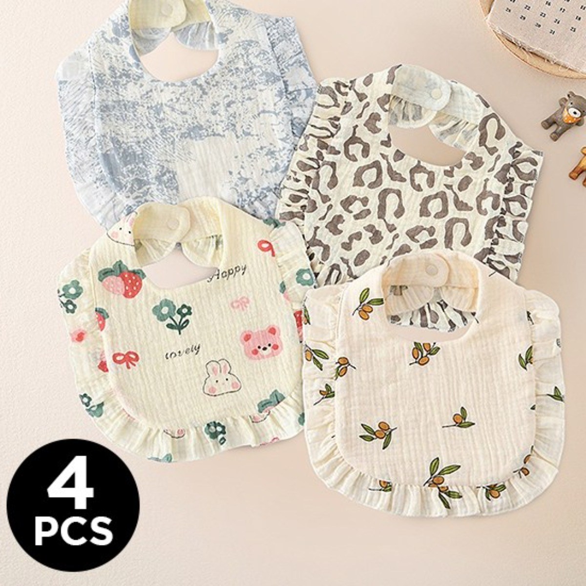 [KC인증] 몽실이 순면 거즈 레이스 턱받이 4set 유아용 사계절 침받이 이유식 16,900원