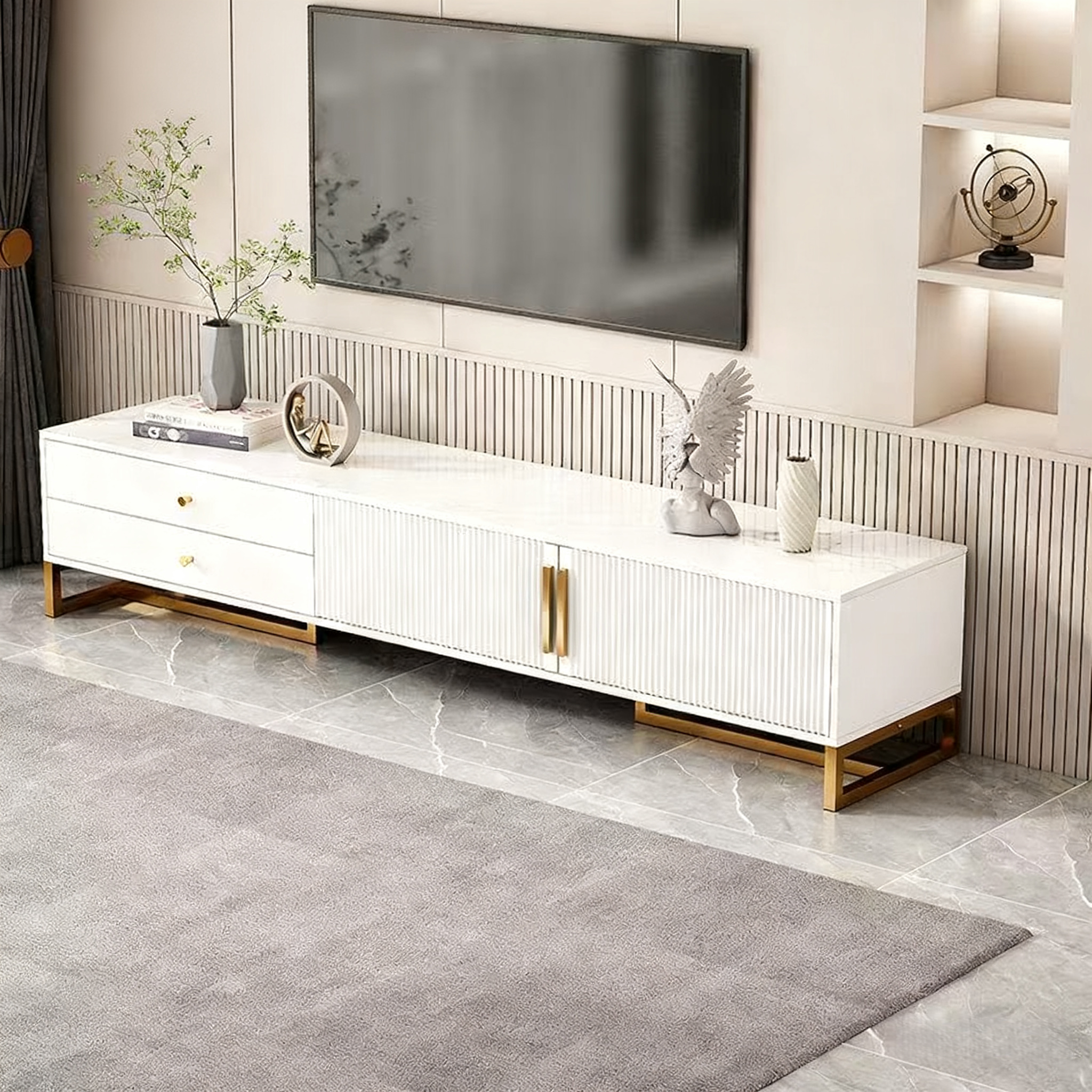 YAPOGI 가정용 수납 가능 서랍형 서랍장 대리석 무늬 TV장 모조 세라믹 거실장 가정용 거실장, 화이트+골드 2 서랍 75,500원