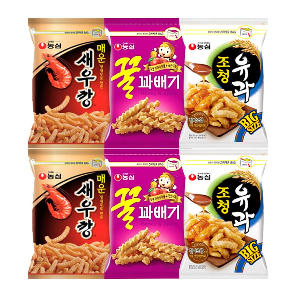 농심 스낵 대용량 지퍼백 꿀꽈배기+조청유과+매운새우깡 2개씩 36,000원