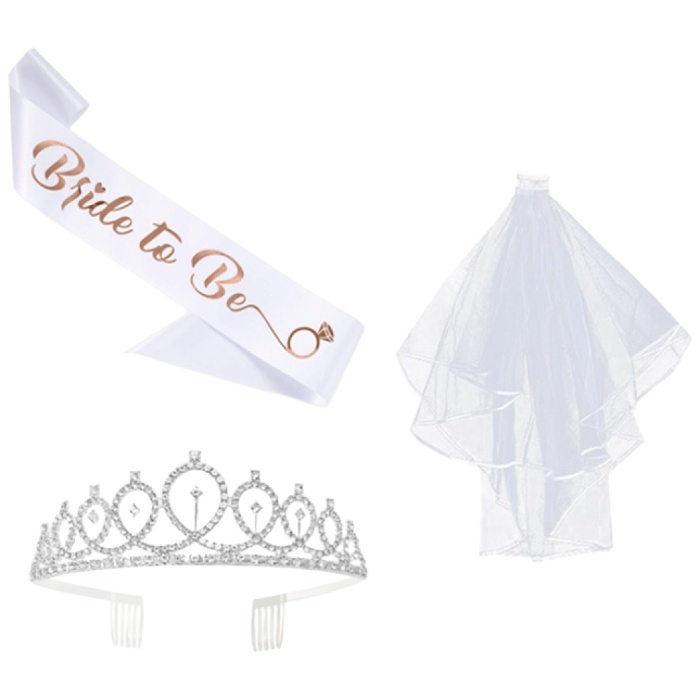 셀프 웨딩 브라이덜샤워 파티 헤어 악세사리 소품 면사포 티아라 어깨띠 3종세트, 면사포+티아라+어깨띠 3종 9,990원