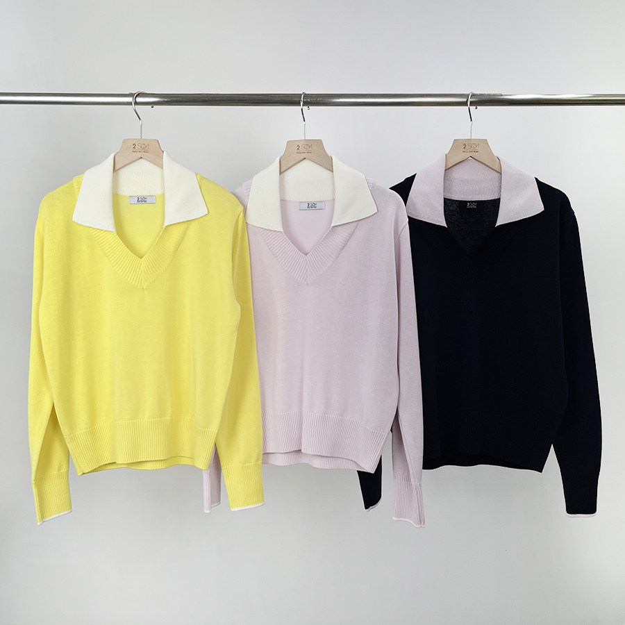 투솜 여성골프니트 배색칼라 브이 골프니트 여자 봄 가을 핑크 옐로우 네이비 골프상의 골프티셔츠 56,900원