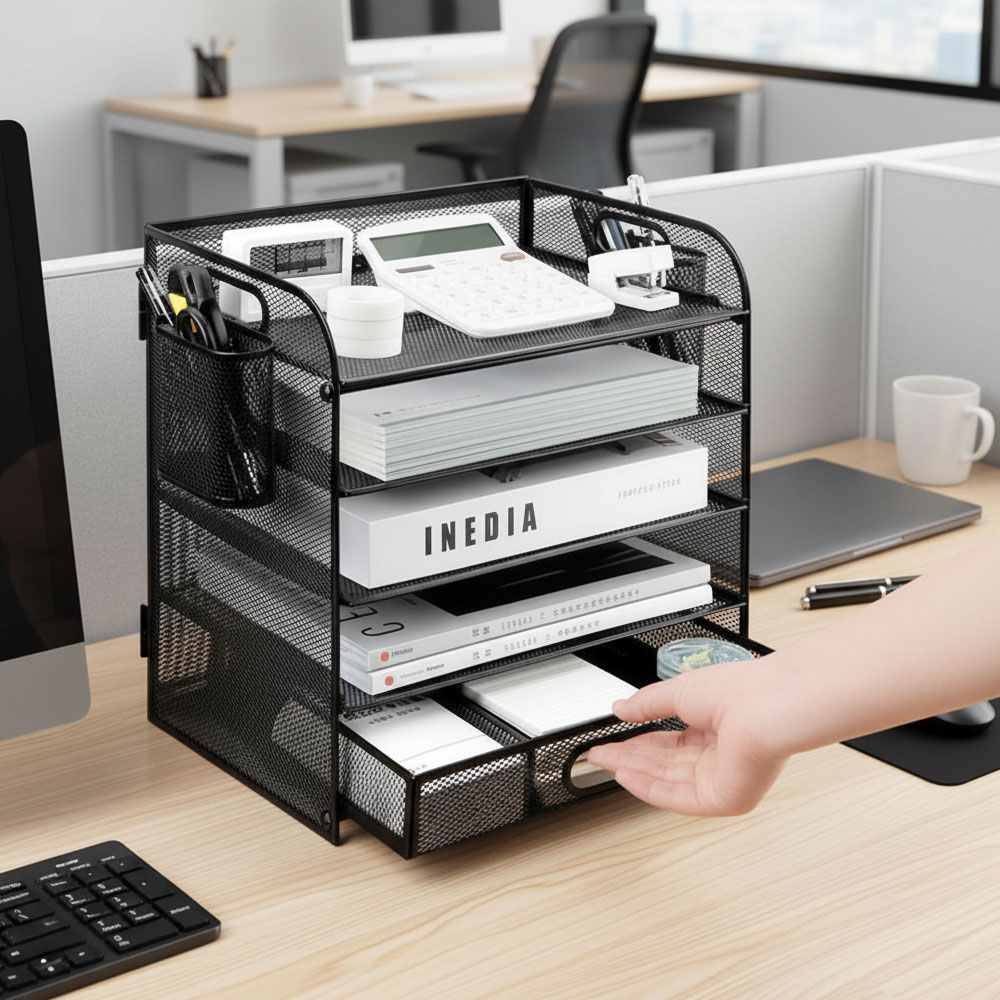 5단 철제 파일랙 오픈형 서류정리함 (서랍 1개 + 펜홀더 2개 포함), 1세트 36,000원