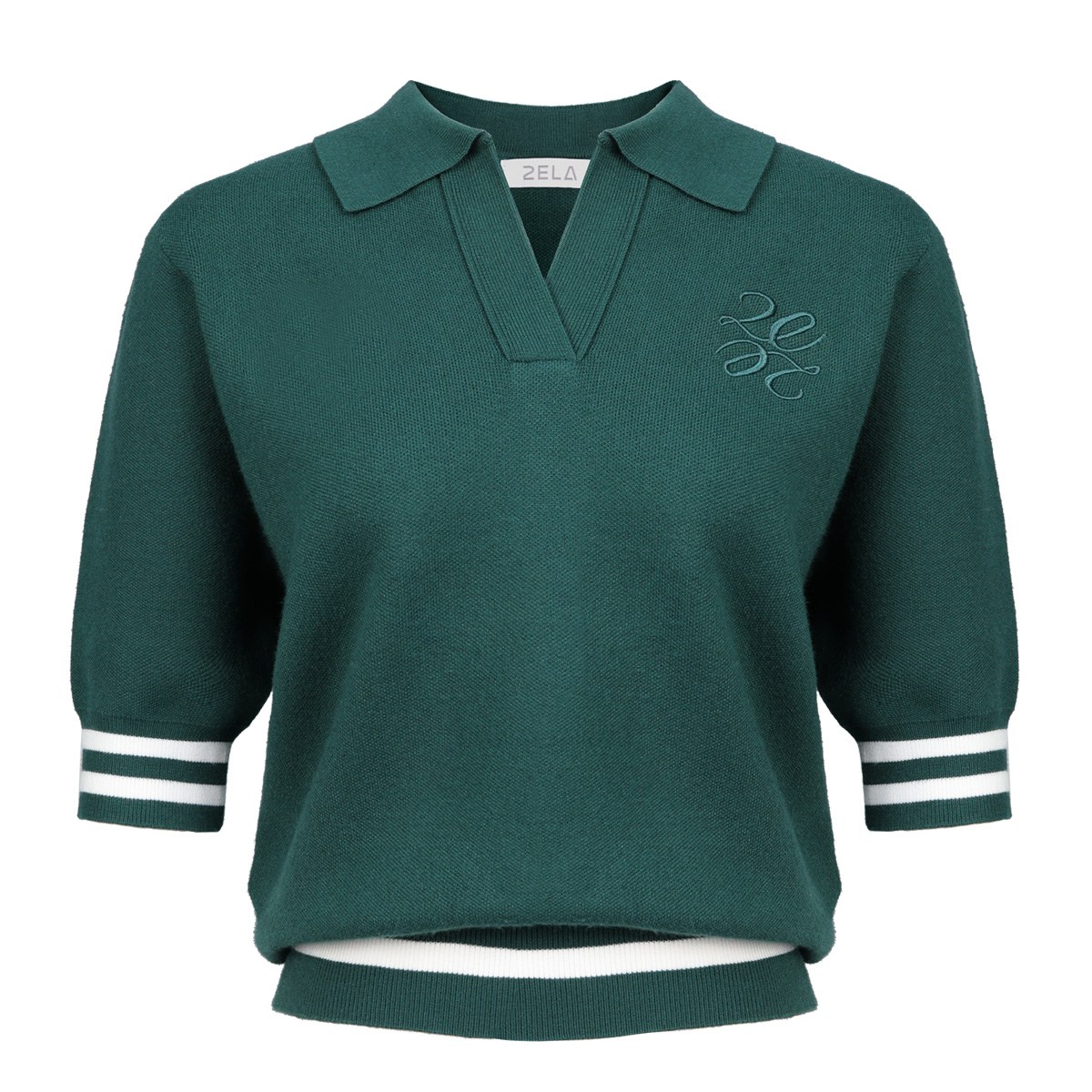 [투엘라] 여성 니트 카라 반팔 티셔츠_플로라 오픈카라 비스코스 곰돌이 자수 반팔티 35,980원