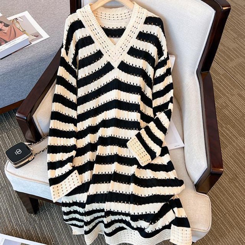 QEWBG 여성 봄여름 빅사이즈 스트라이프 니트 미디 원피스 V넥 루즈핏 23,700원