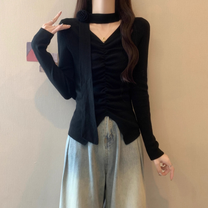 빅사이즈 여성복 언밸런스 슬림핏 상의 여성 봄가을 단색 장미꽃 스트링 티셔츠 23,450원