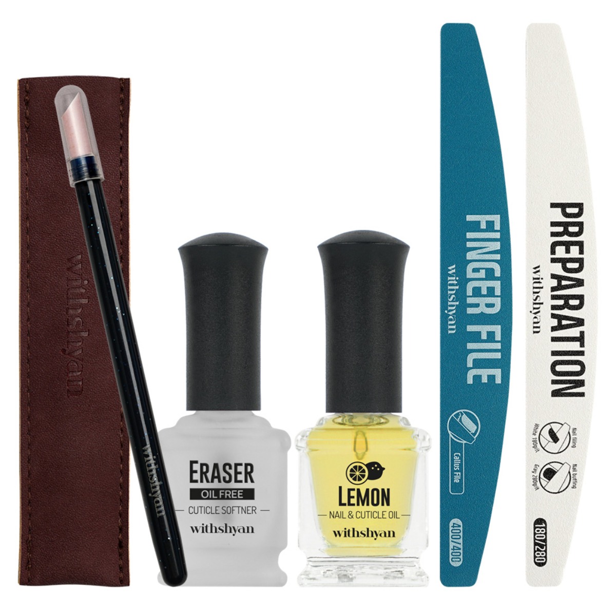 위드샨 네일케어 5종 풀세트+파우치 구성, 루비푸셔 + 이레이저 15ml + 프리퍼레이션 + 프리미엄핑거파일 + 트리트먼트오일 15ml, 1세트 21,000원