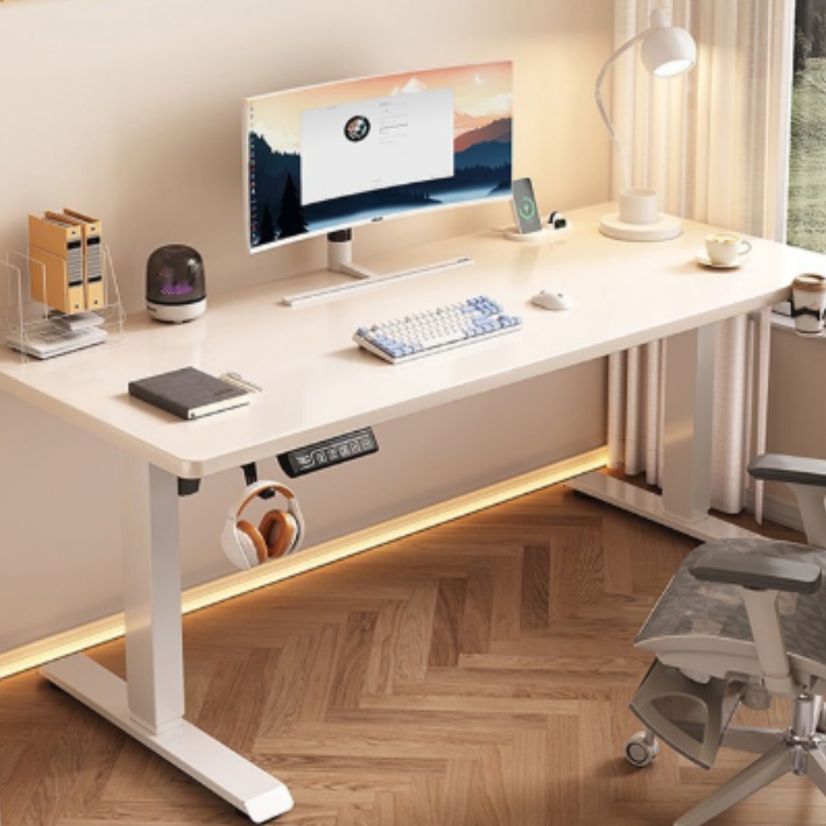 솔비움 높낮이 사무 게임용 조절 자동 전동책상 중학생 모션 데스크 사무실 스탠딩 테이블, 화이트+화이트 295,000원