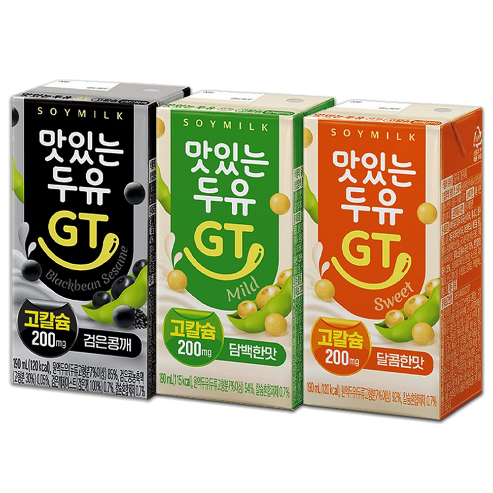 [중앙몰] 맛있는 두유 GT 고칼슘 3종 24팩 혼합세트 ( 달콤한맛+담백한맛+검은콩 깨 ) + 메세지스티커, 190ml, 24개 14,900원