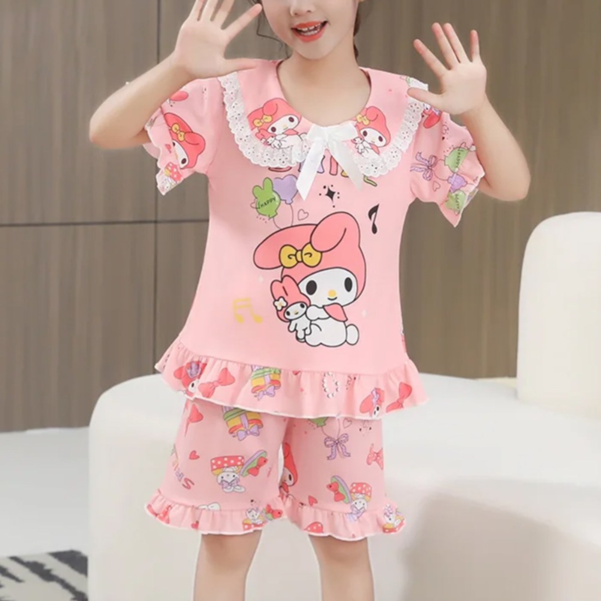 귀여운 강아지 캐릭터 리본 여아반팔 상하복 실내복(국내당일발송) 17,800원