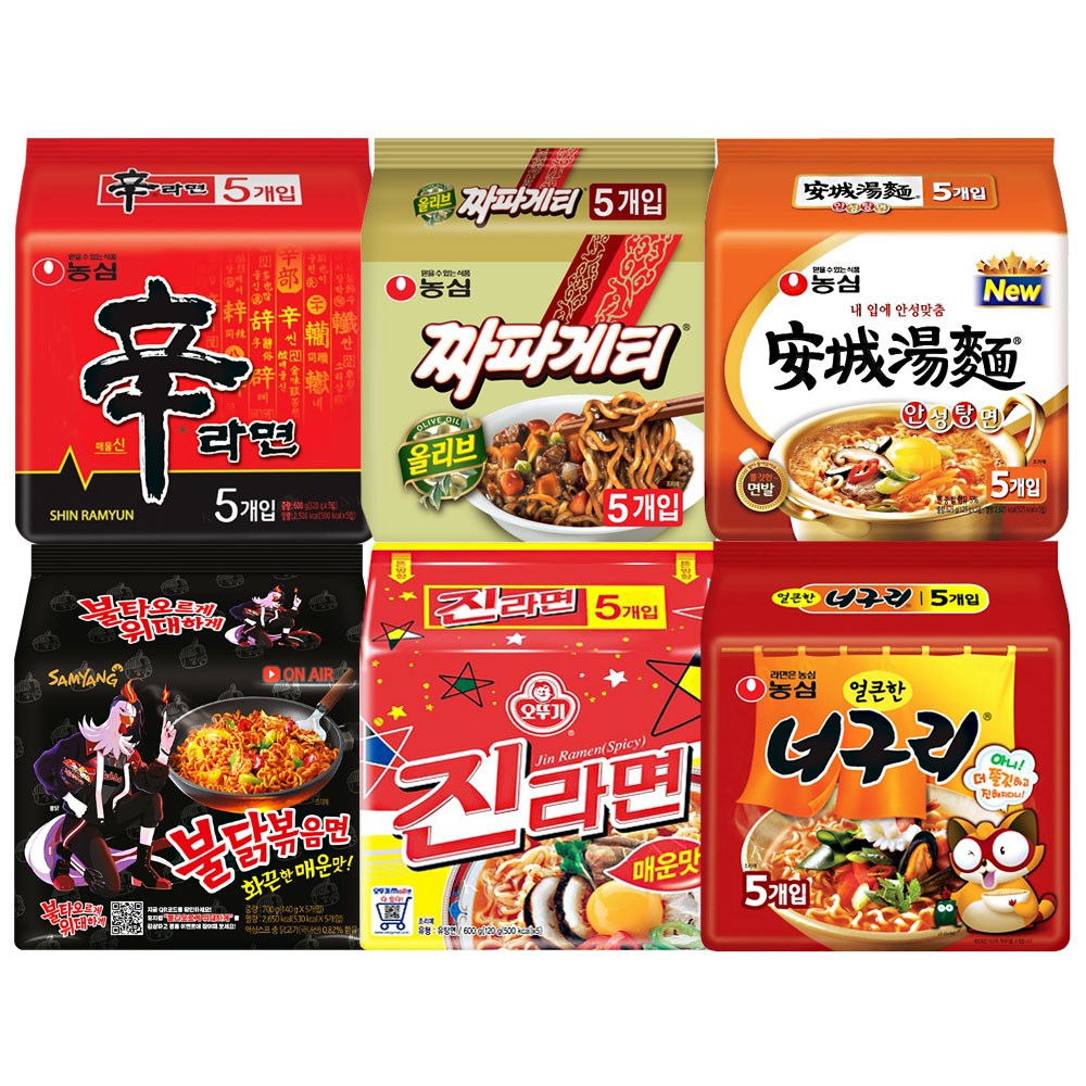 봉지라면 세트 (신라면 + 안성탕면 + 얼큰너구리 + 짜파게티 + 진라면 매운맛 + 불닭볶음면), 1세트 28,090원