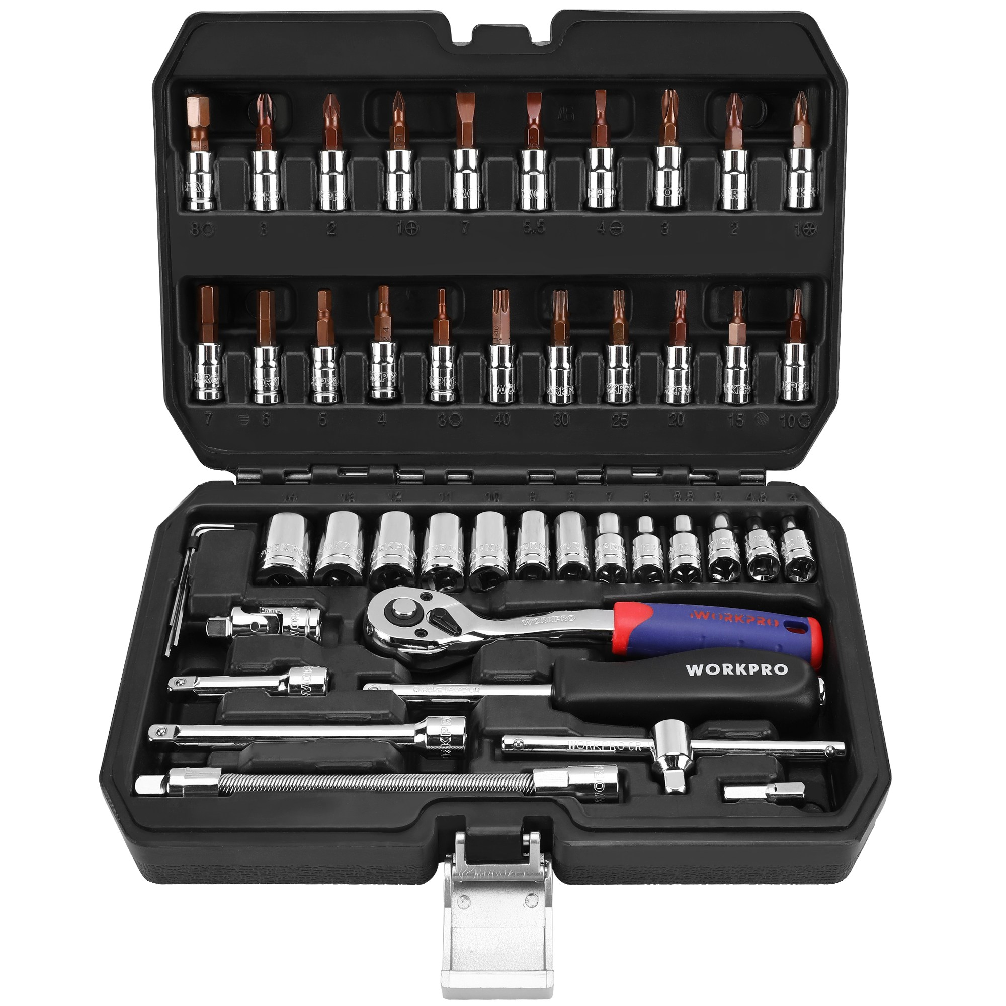 WORKPRO 46PC 자동차 수리용 소켓 세트 비트 렌치 복스 연장대 13종 소켓 포함 자동차 수리공구세트 드라이버 퀵 릴리스 래칫 복스알 DIY용 가정용 작업용 고급 스패너 30,990원