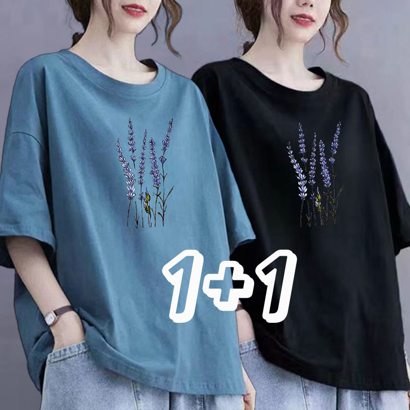 1+1 중년여성 반팔티 프린팅 데일리 라운드넥 여름티 오버핏 날씬해보이는 엄마티 반팔 티셔츠 상의 21,600원