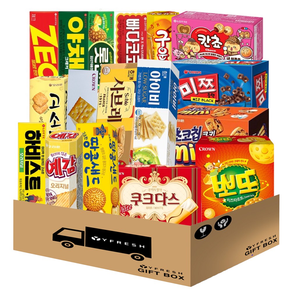 인기비스킷모음(구운감자 칸쵸 고소미 참크래커 미쯔 예감 초코칩쿠키 사브레 아이비 뽀또 하비스트 땅콩샌드 쿠크다스 제크 야채크래커 롯데샌드 빠다코코낫)+YFRESH박스 21,400원