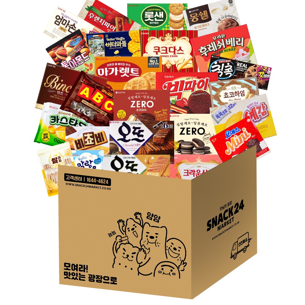 사무실25종 대용량 박스과자세트 (몽쉘 초코파이 오예스 쿠크다스 후레쉬베리 카스타드 오뜨 마가렛트 롯샌 크라운산도 예감 칙촉 초코하임 엄마손파이 비쵸비 빈츠), 스낵24 사무실 25종 한달살기 대용량 박스과자세트, 1세트 99,000원