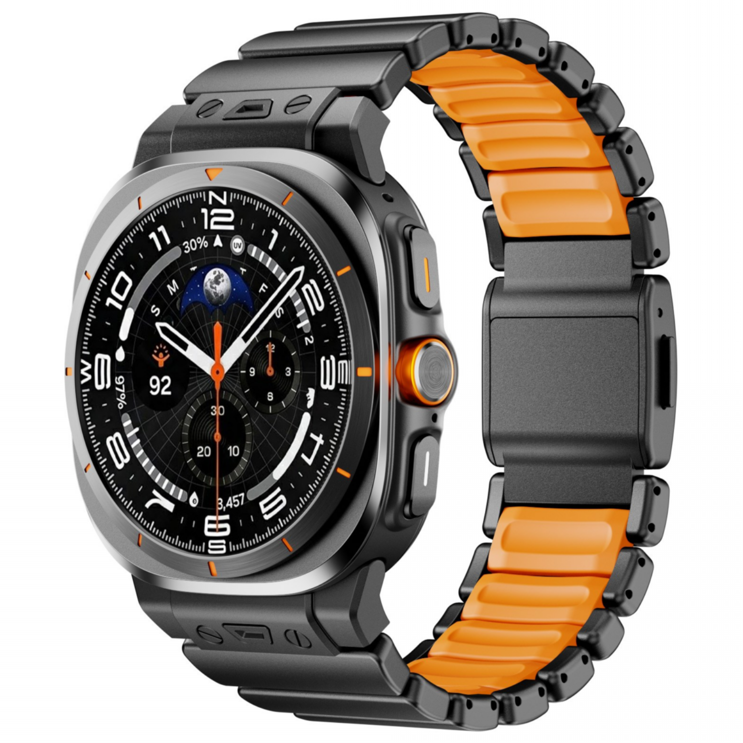 VANTIO 갤럭시워치8 울트라2/1 호환 스테인리스 메탈+실리콘 일체형 스트랩 마그네틱 버클 밴드 47mm, 1개, 블랙 오렌지 51,300원