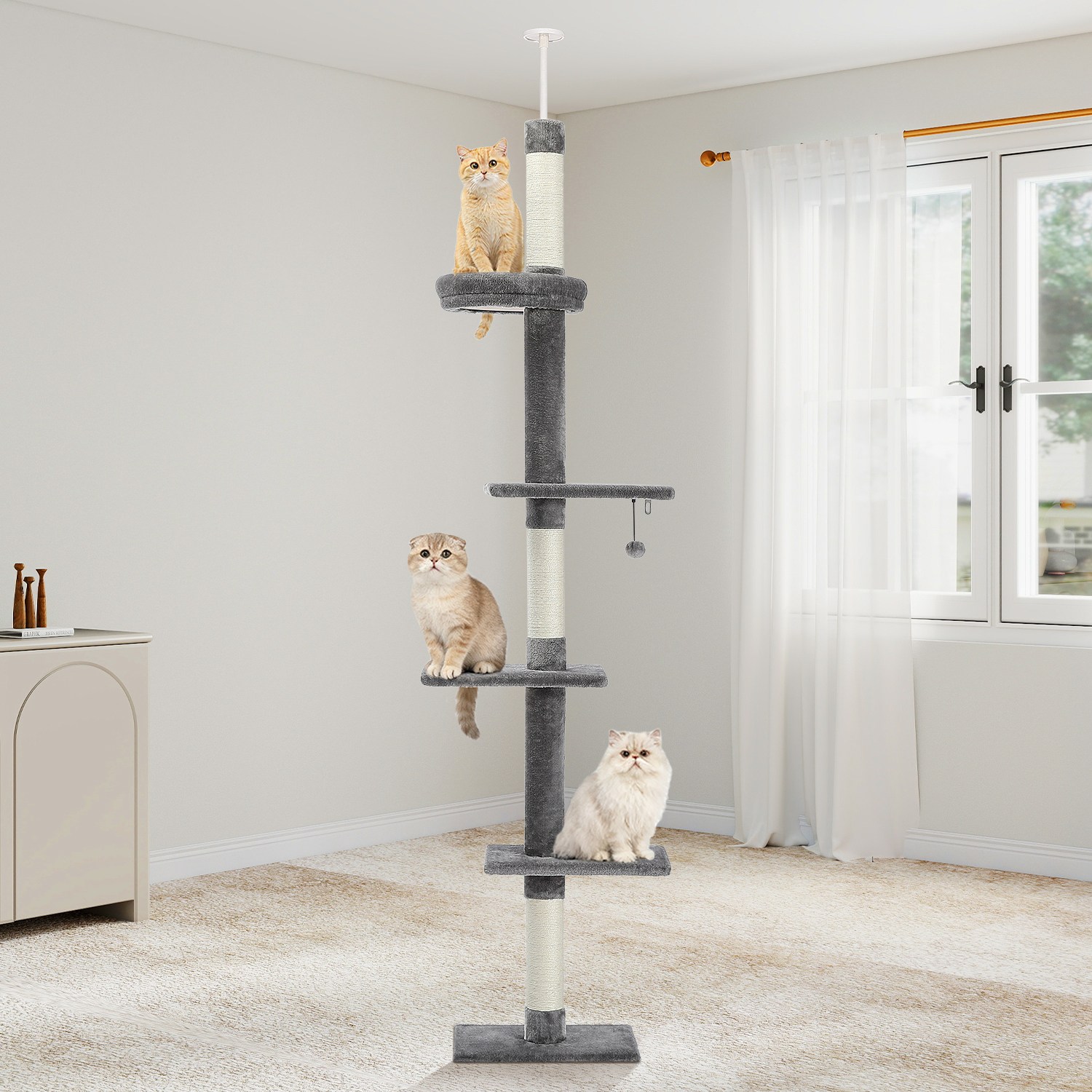 PAWZ Road 5단 대형 플러시 패브릭 심플 캣폴,천장 고정형  높이 조절 캣타워 238CM-275CM 47,330원