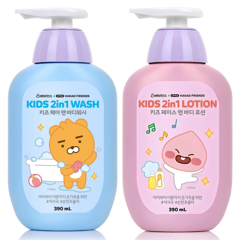 베비언스 리틀카카오프렌즈 키즈 헤어 앤 바디워시 블루 390ml + 페이스 앤 바디로션 390ml 11,100원