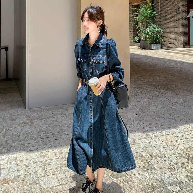 POMTOR  긴팔 버튼 벨트 롱 여성 데님 원피스 45,440원