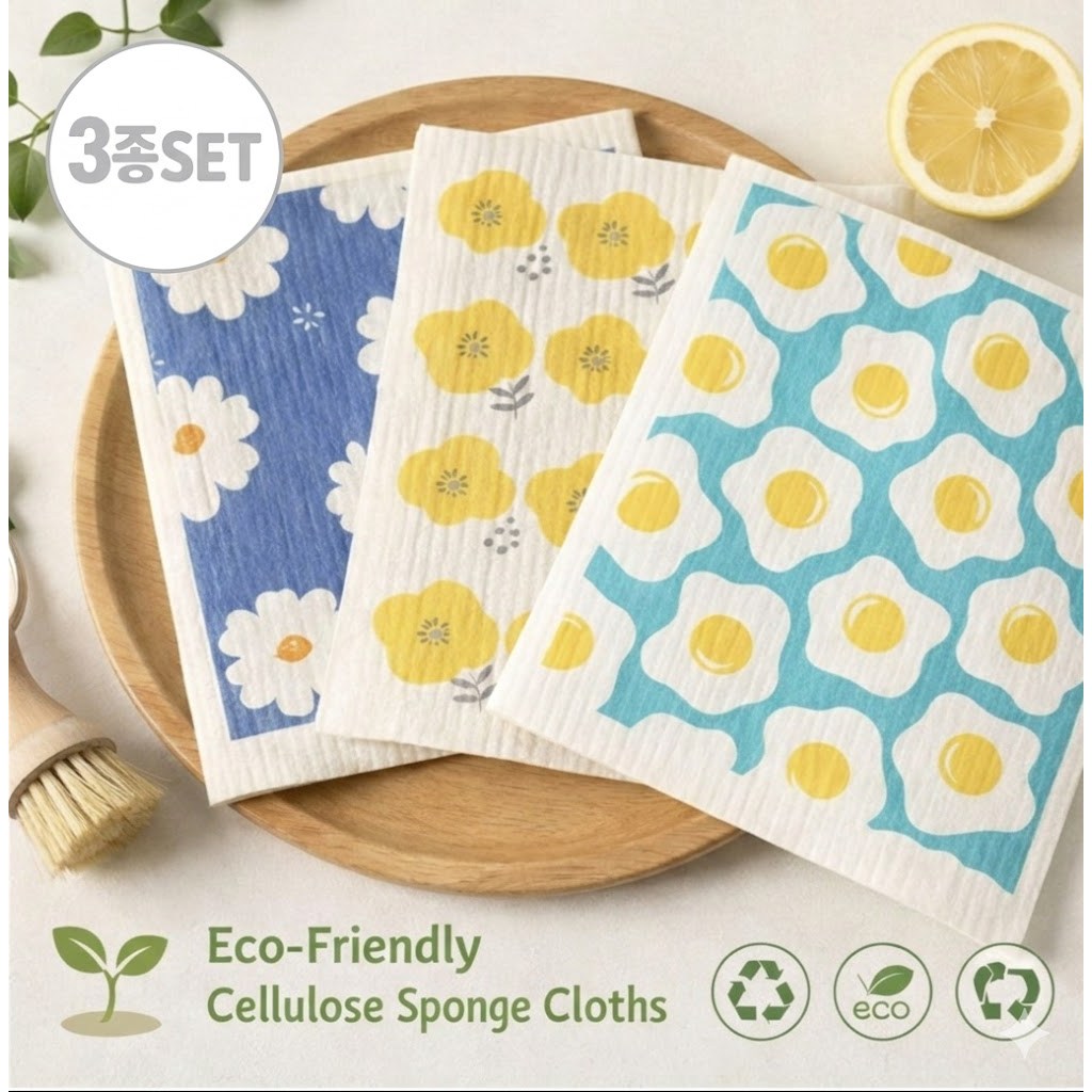 이지몰 친환경 셀룰로오스 플라워 에그 감성 수세미 행주 3P, 1세트, 혼합색상 4,900원