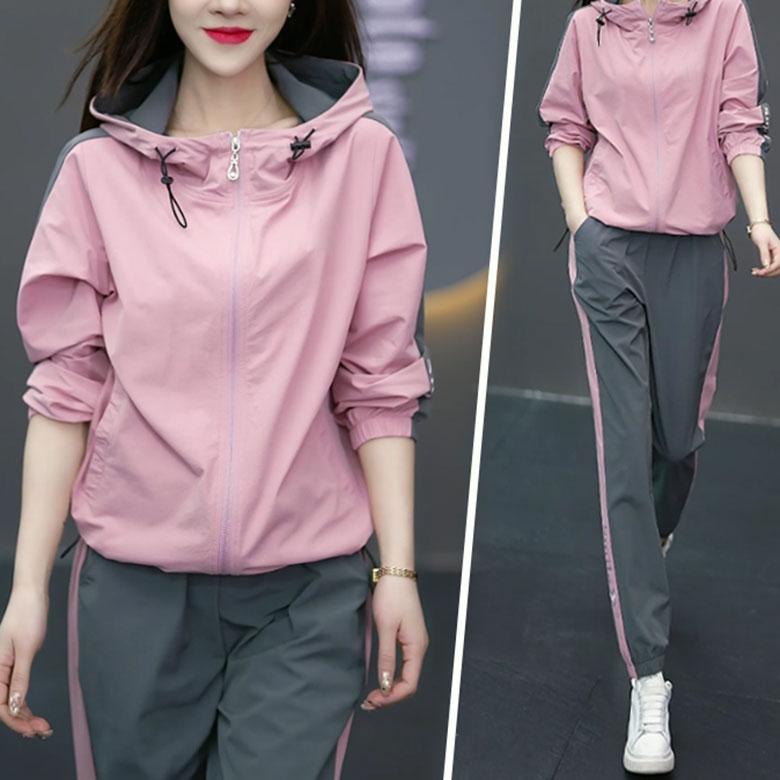 FANSYLI 여성 트레이닝복 세트 빅사이즈 심플 루즈핏 캐주얼 츄리닝 세트 후드지퍼 점퍼+밴딩 조거팬츠 투피스 봄가을 아웃도어 등산복 조깅복 트레킹복 XR2512D22 41,830원