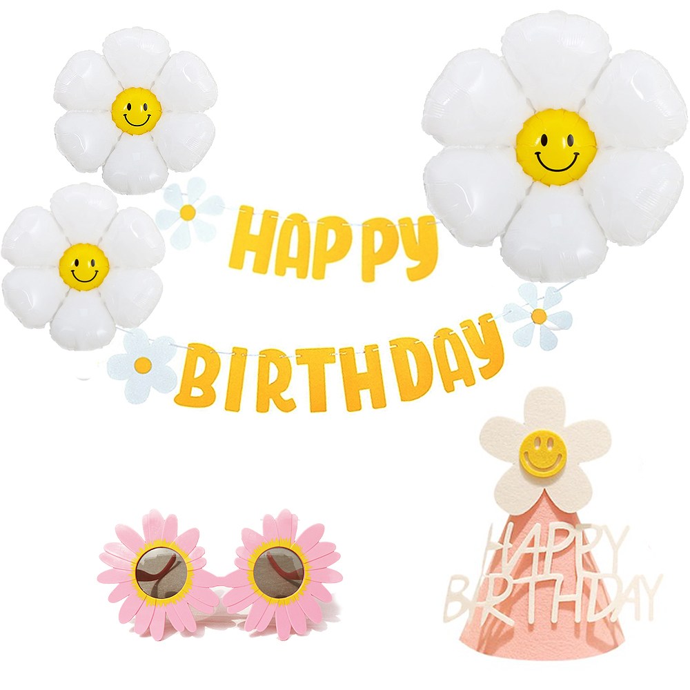 올리브파티 데이지 풍선 펠트 가랜드 모자 안경 생일파티 용품 세트 홈파티, 피치, 1세트 9,800원
