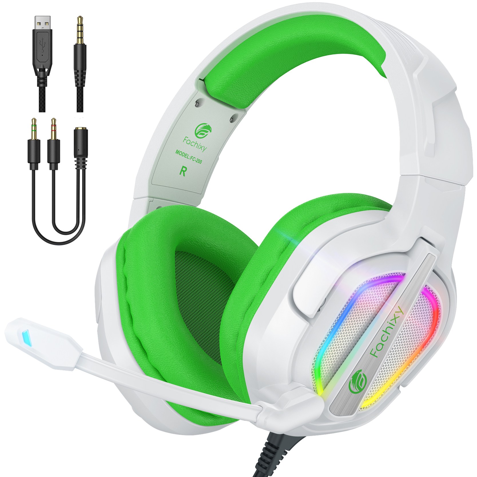 파치시 게이밍 헤드셋 FC200 가상 7.1채널 3D 입체 사운드 RGB LED 노이즈 캔슬링 마이크 유선헤드셋, 화이트 그린, 현재가 86,900원