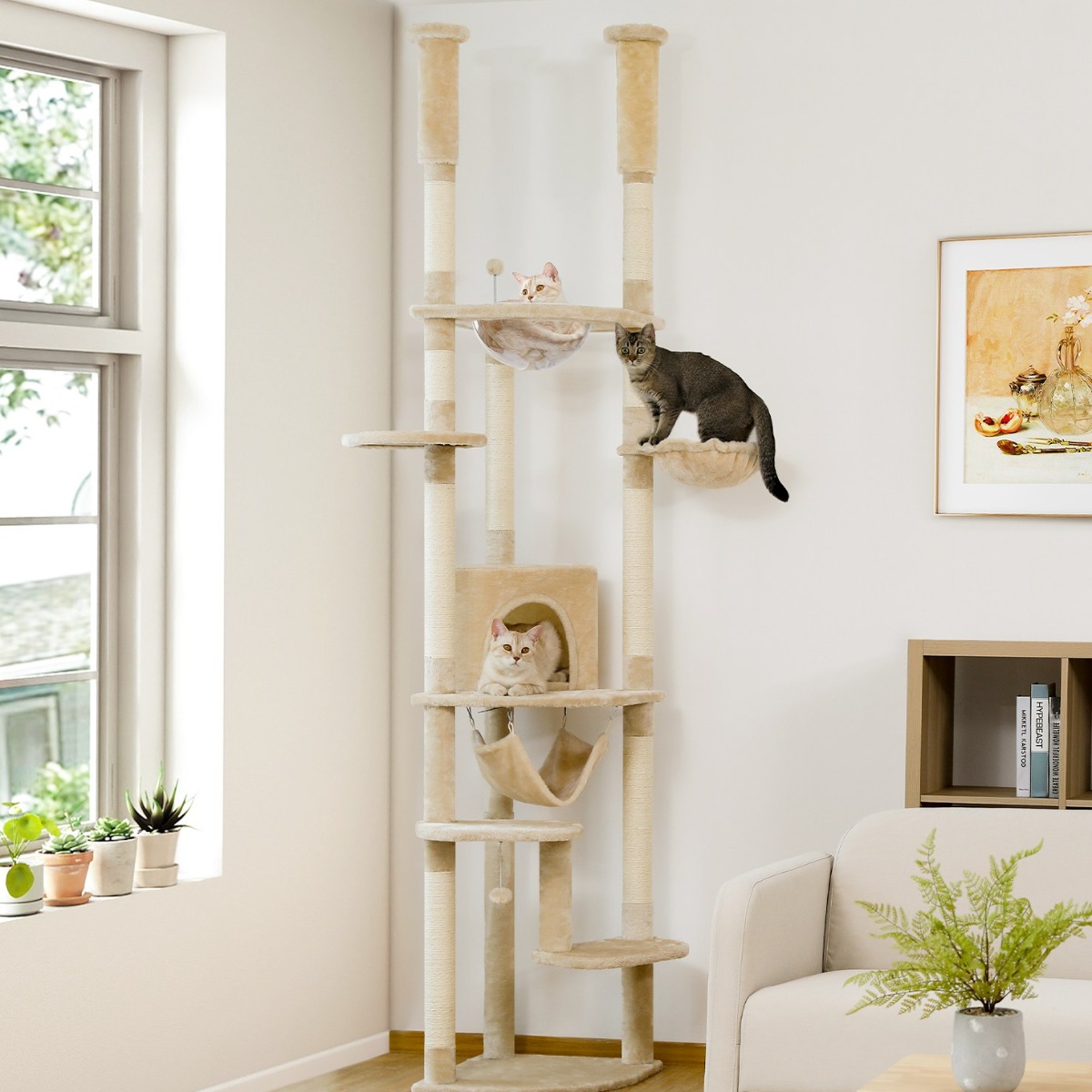 PAWZ Road 6단 대형 플러시 패브릭 캣폴,천장 고정형 트윈 기둥 높이 조절 캣타워 236CM-258CM,스크래쳐 기둥+숨숨집+해먹 79,900원