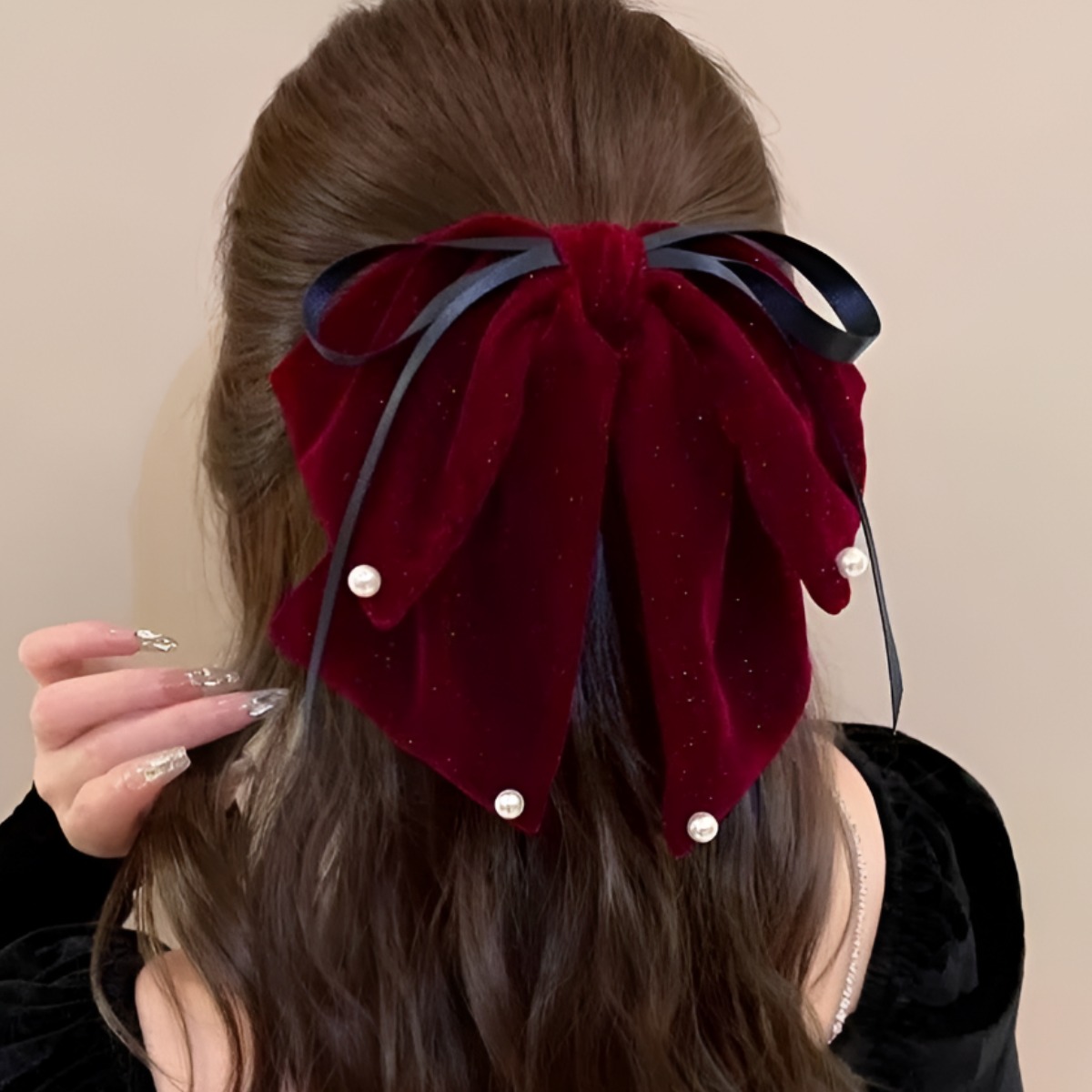 SUNSHINE 왕리본 벨벳 반머리 집게핀 12,600원